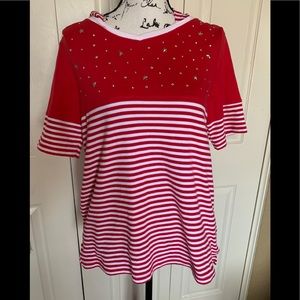 Quacker Factory Red & White Striped Hooded Shirt